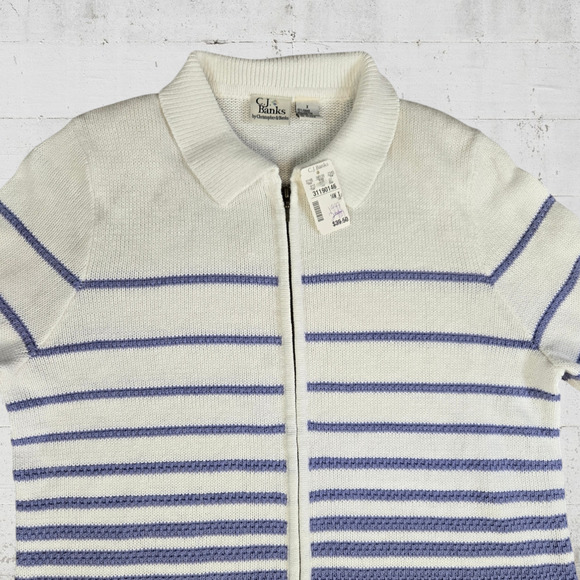 Y2K Vintage Periwinkle White Stripe Full Zip Up CJ Banks Sweater Jacket Size 14W - Picture 2 of 6